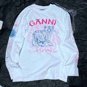Ganni White and Pink Long Sleeve Tee